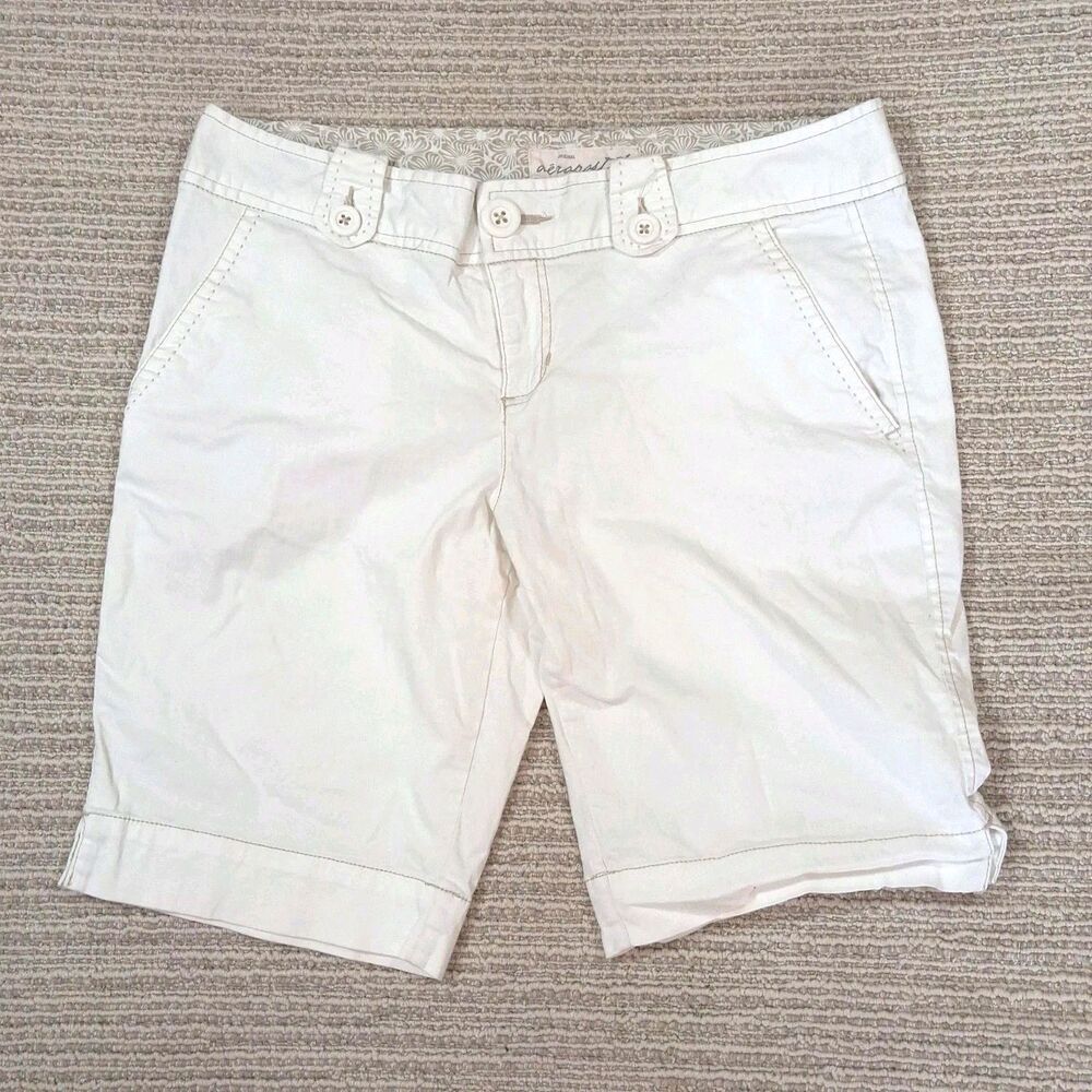 aeropostale womens white bermuda shorts cotton spandex floral trim size 9/10
